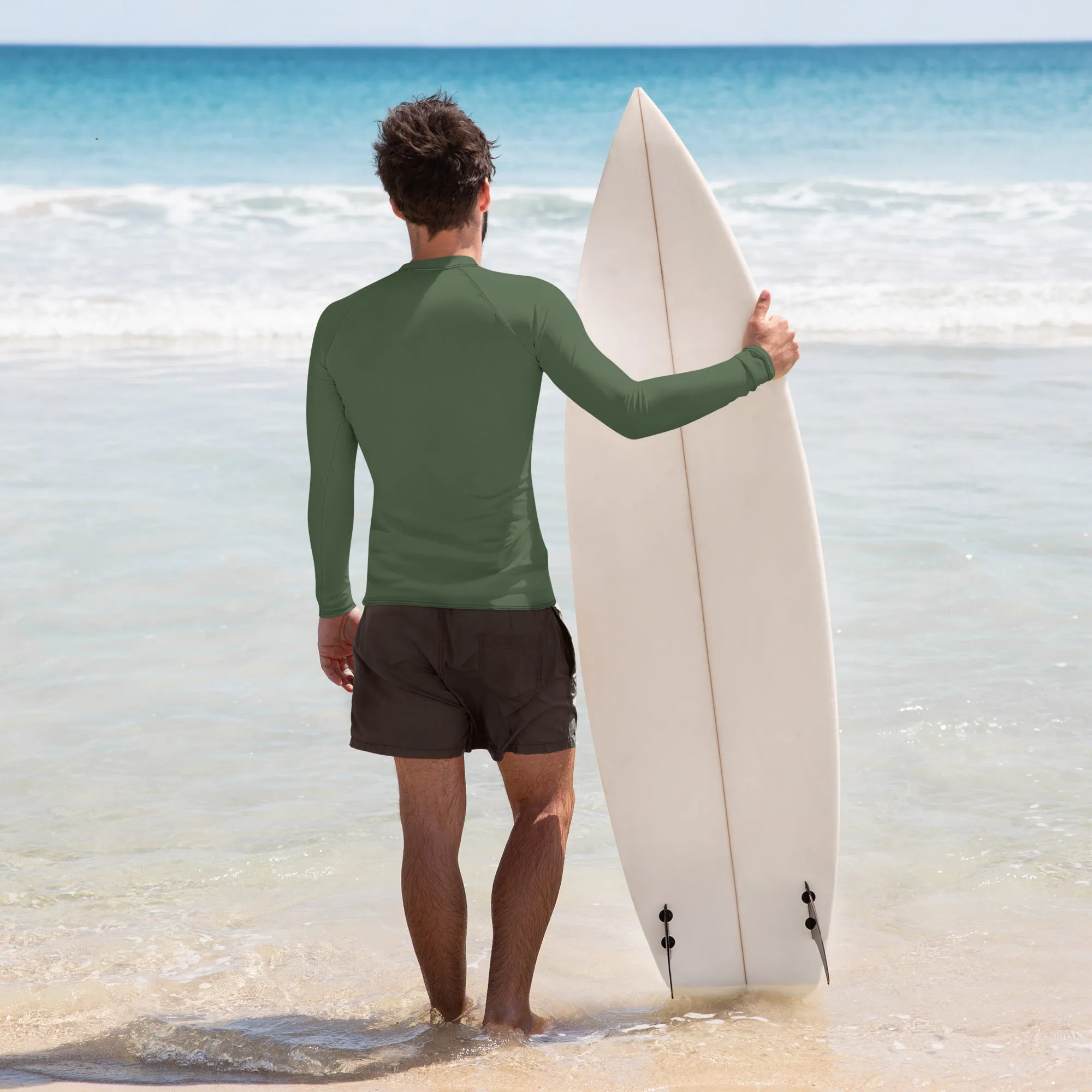 Pine Green Color Men's Top, Best Men's Rash Guard UPF 50  Long Sleeves Designer Polyester Spandex Sportswear