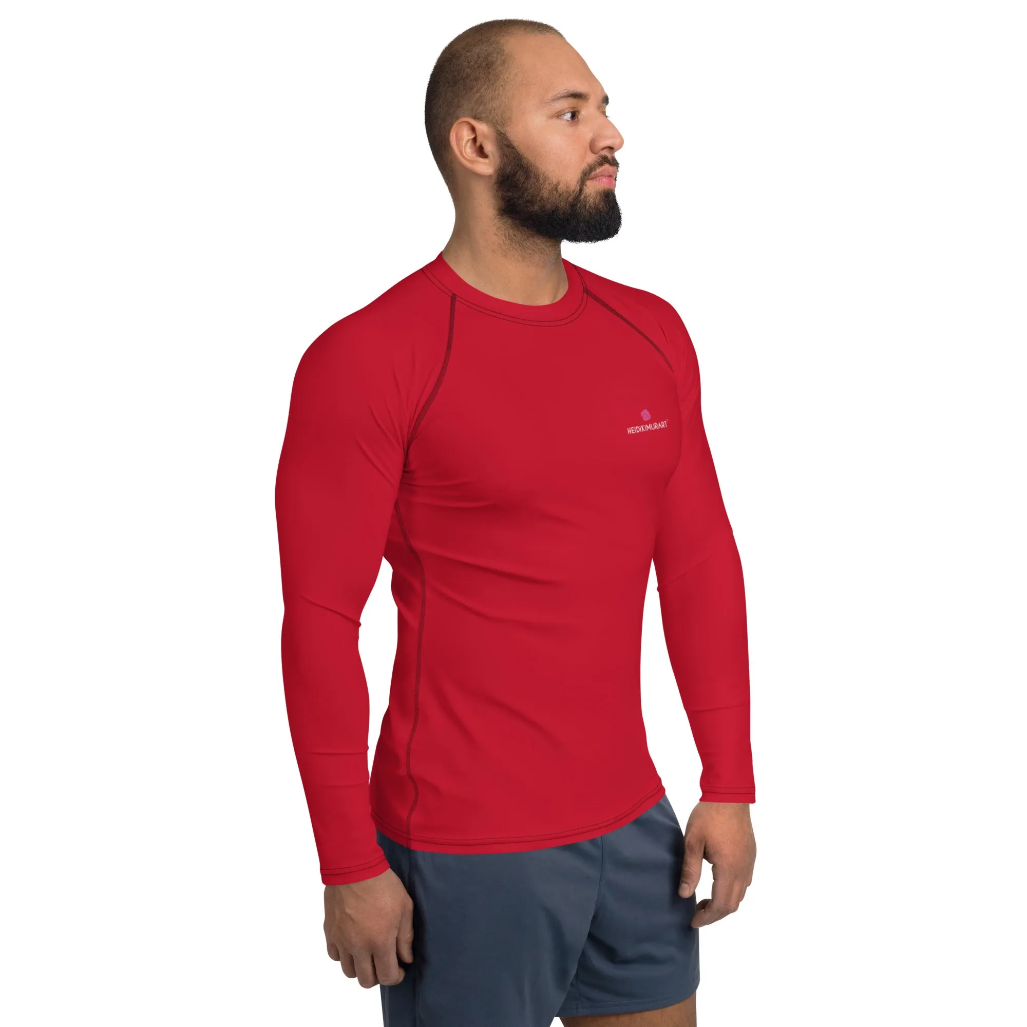 Red Solid Color Men's Top, Best Men's Rash Guard UPF 50  Long Sleeves Designer Polyester Spandex Sportswear