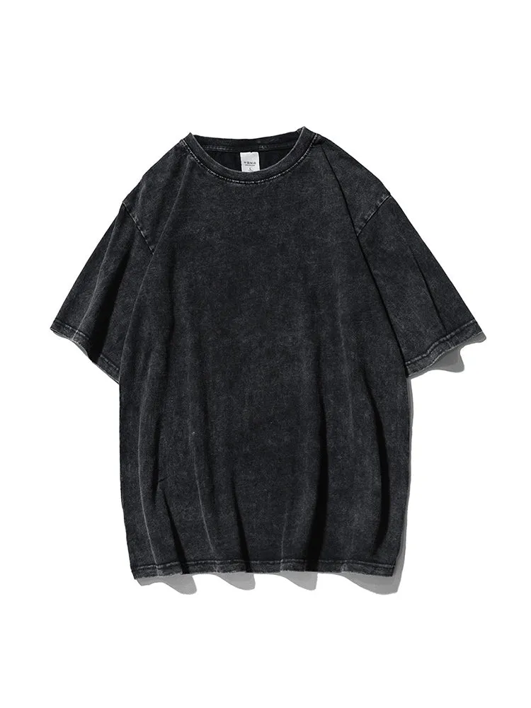 Solid Color Retro Crewneck Loose Fitting T-Shirt